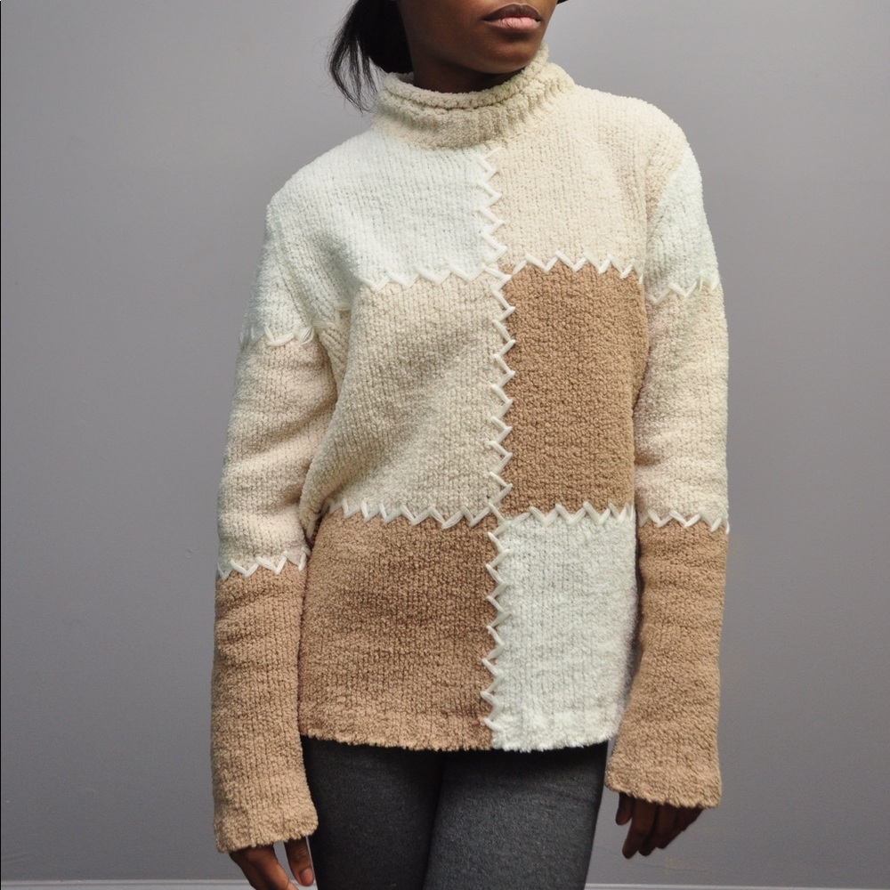 Beige, brown plaid patchwork long sleeve sweater